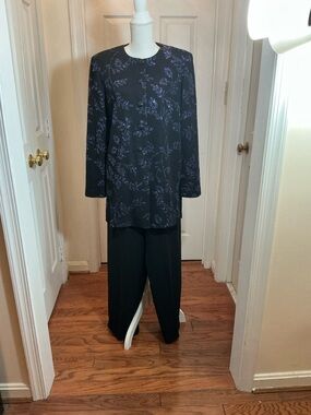 Leslie Fay Black Blue Shimmer 2 Pc Pant Set Size 14 Formal Wedding